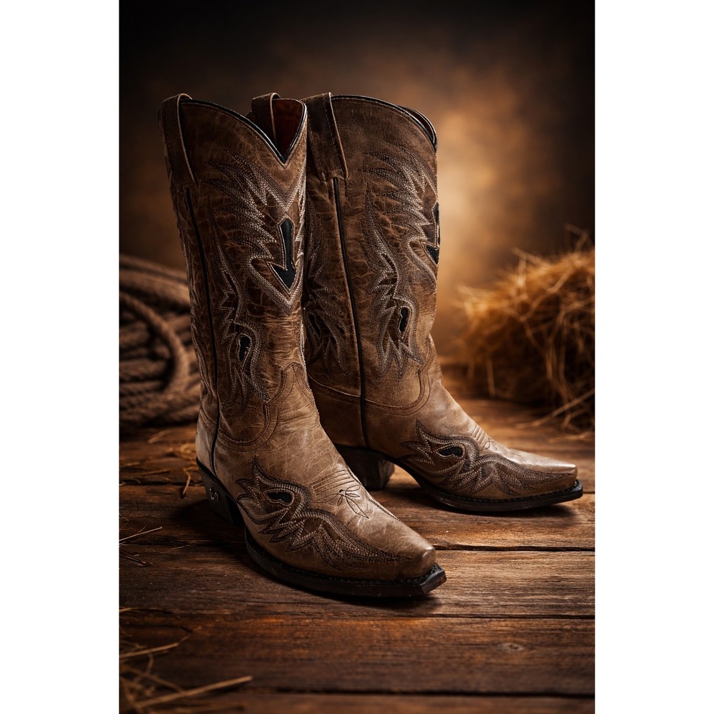 Eight Second‎ Angel Brown Leather Embroidered Snip Toe Western Boots Size 6